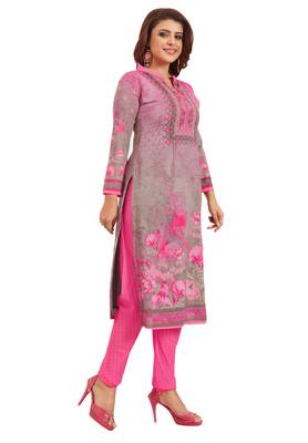 Women's Grey & Pink Synthetic Printed Unstitch Dress Material With Dupatta 3