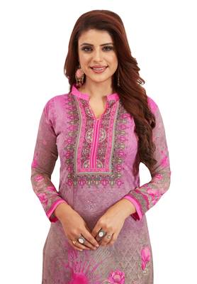 Women's Grey & Pink Synthetic Printed Unstitch Dress Material With Dupatta 4