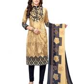 Women's Beige & Navy Blue Synthetic Printed Unstitch Dress Material With Dupatta
