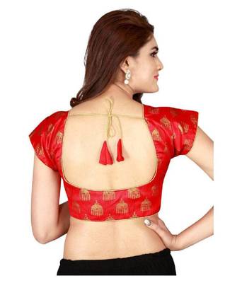 Designer Red Jequard Silk Round Neck Cap Sleeve Blouse 2