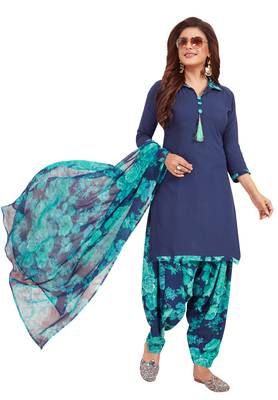 Women's Dark Blue & Green Synthetic Printed Unstitch Dress Material With Dupatta 1