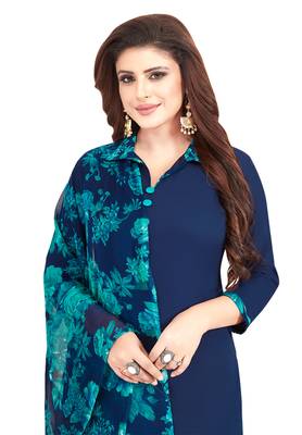 Women's Dark Blue & Green Synthetic Printed Unstitch Dress Material With Dupatta 4