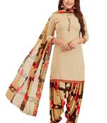 Women's Beige & Brown Synthetic Printed Unstitch Dress Material With Dupatta