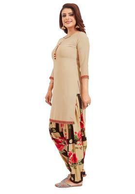 Women's Beige & Brown Synthetic Printed Unstitch Dress Material With Dupatta 2
