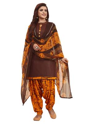Women's Brown & Orange Synthetic Printed Unstitch Dress Material With Dupatta 1