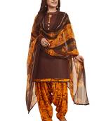 Women's Brown & Orange Synthetic Printed Unstitch Dress Material With Dupatta