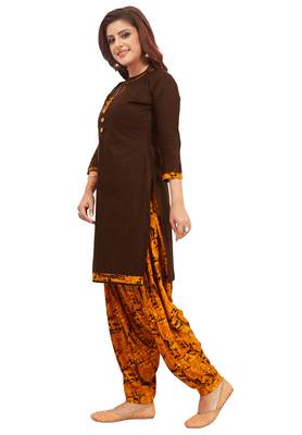 Women's Brown & Orange Synthetic Printed Unstitch Dress Material With Dupatta 2