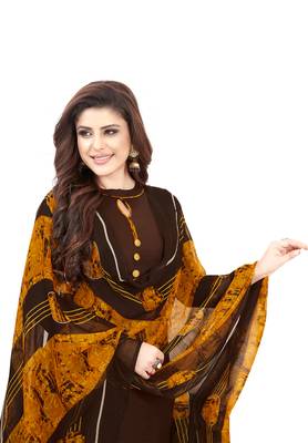 Women's Brown & Orange Synthetic Printed Unstitch Dress Material With Dupatta 4