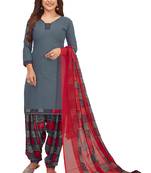 Women's Grey & Red Synthetic Printed Unstitch Dress Material With Dupatta