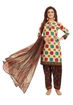 Women's Beige & Brown Synthetic Printed Unstitch Dress Material With Dupatta 1