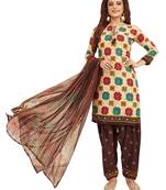 Women's Beige & Brown Synthetic Printed Unstitch Dress Material With Dupatta