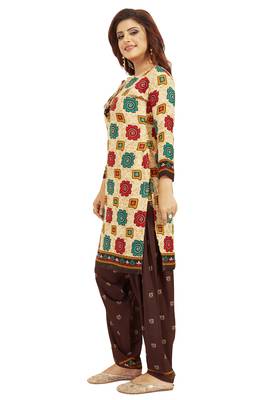 Women's Beige & Brown Synthetic Printed Unstitch Dress Material With Dupatta 3