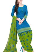 Women's Blue & Green Synthetic Printed Unstitch Dress Material With Dupatta