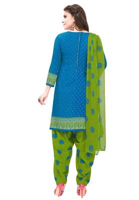 Women's Blue & Green Synthetic Printed Unstitch Dress Material With Dupatta 2