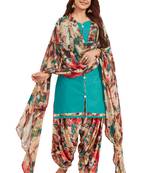 Women's Turquoise & Brown Synthetic Printed Unstitch Dress Material With Dupatta