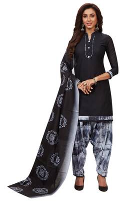 Women's Black & Grey Cotton Printed Unstitch Dress Material With Dupatta 1