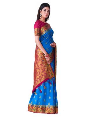 Blue Woven Art Silk Saree With Blouse 2