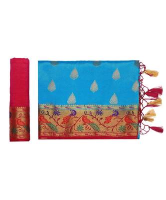 Blue Woven Art Silk Saree With Blouse 5