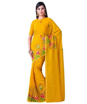 Yellow Embroidered Chiffon Saree With Blouse 1