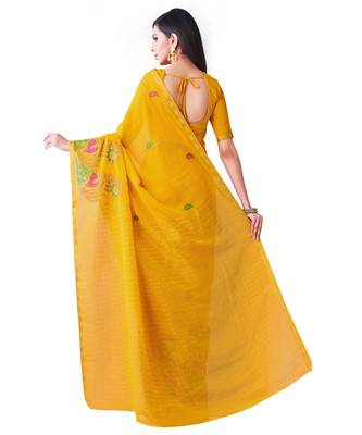 Yellow Embroidered Chiffon Saree With Blouse 3
