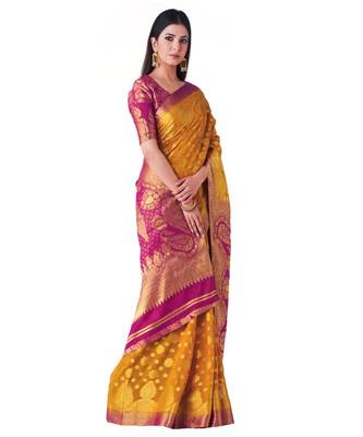 Yellow Woven Chiffon Saree With Blouse 2