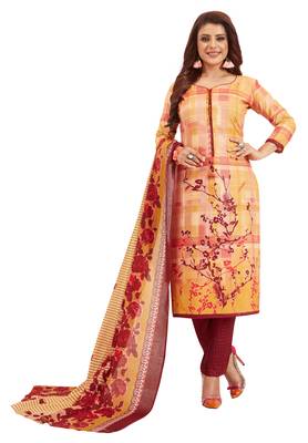 Women's Gold & Maroon Pure Lawn Cotton Printed Unstitch Dress Material With Dupatta 1
