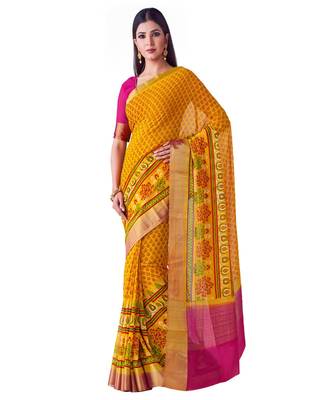 Yellow Printed Chiffon Saree With Blouse 1