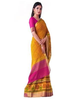Yellow Printed Chiffon Saree With Blouse 2