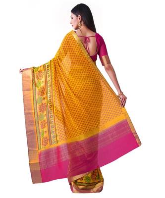 Yellow Printed Chiffon Saree With Blouse 3