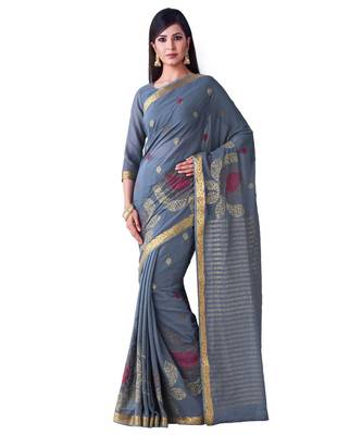 Grey Embroidered Chiffon Saree With Blouse 1