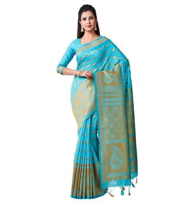 Turquoise Woven Art Silk Saree With Blouse 1