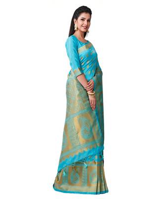 Turquoise Woven Art Silk Saree With Blouse 2