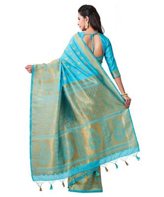 Turquoise Woven Art Silk Saree With Blouse 3