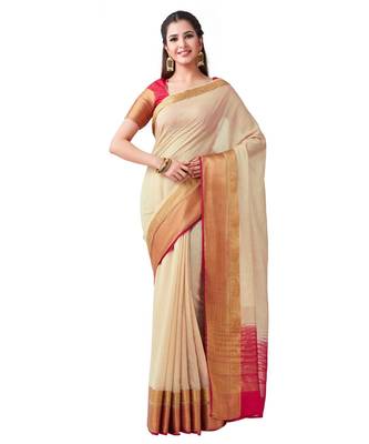 Beige Woven Linen Saree With Blouse 1