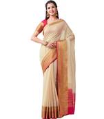 Beige Woven Linen Saree With Blouse