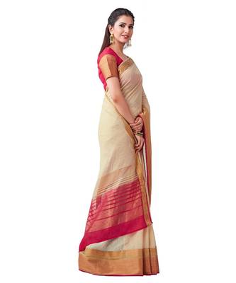 Beige Woven Linen Saree With Blouse 2