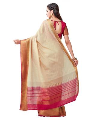 Beige Woven Linen Saree With Blouse 3