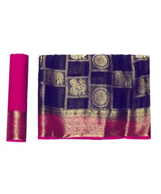 Blue Woven Chiffon Saree With Blouse 5