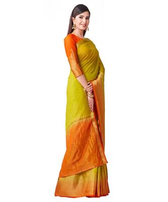 Yellow Woven Linen Saree With Blouse 2