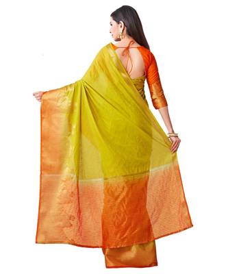 Yellow Woven Linen Saree With Blouse 3