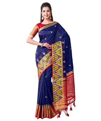 Blue Embroidered Tussar Silk Saree With Blouse 1
