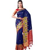 Blue Embroidered Tussar Silk Saree With Blouse