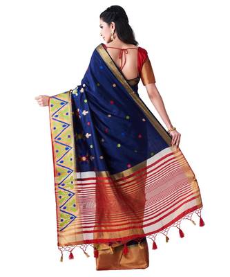 Blue Embroidered Tussar Silk Saree With Blouse 3