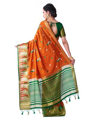 Orange Embroidered Tussar Silk Saree With Blouse 3