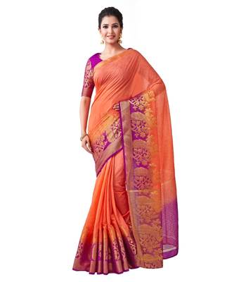 Orange Woven Linen Saree With Blouse 1