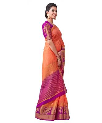 Orange Woven Linen Saree With Blouse 2