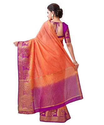 Orange Woven Linen Saree With Blouse 3