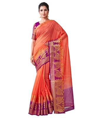 Orange Woven Linen Saree With Blouse 1
