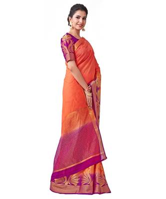Orange Woven Linen Saree With Blouse 2