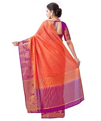 Orange Woven Linen Saree With Blouse 3